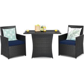 Patio Furniture Dining Set Brown Rattan with Navy Blue Cushions