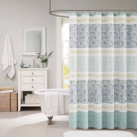 Shower Curtain with Teal Blue Grey Cream White Paisley Pattern