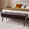 Mid-Century Bench with Dark Brown Leather Upholstered Seat Solid Wood Legs