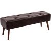 Mid-Century Bench with Dark Brown Leather Upholstered Seat Solid Wood Legs
