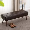 Mid-Century Bench with Dark Brown Leather Upholstered Seat Solid Wood Legs