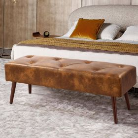 Mid-Century Bench with Brown Leather Upholstered Seat Solid Wood Legs