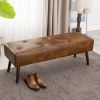 Mid-Century Bench with Brown Leather Upholstered Seat Solid Wood Legs