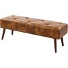 Mid-Century Bench with Brown Leather Upholstered Seat Solid Wood Legs