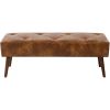 Mid-Century Bench with Brown Leather Upholstered Seat Solid Wood Legs