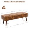 Mid-Century Bench with Brown Leather Upholstered Seat Solid Wood Legs