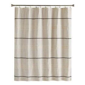 Polyester/Linen Fabric Shower Curtain in Beige with Black Stripes