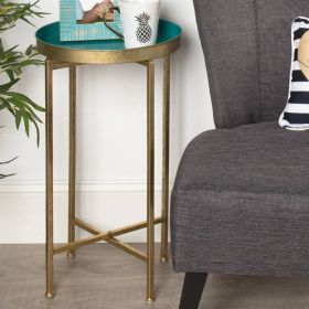 Gold Finish Metal End Table with Removable Teal Tray Top