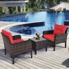 Brown Rattan Outdoor Dining Patio Furniture Set with Red Cushions