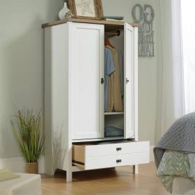Farmhouse Bedroom Armoire w/ Bottom Storage Drawer in White Wood