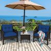 Brown Rattan Outdoor Dining Patio Furniture Set with Blue Cushions