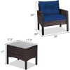 Brown Rattan Outdoor Dining Patio Furniture Set with Blue Cushions