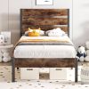 Twin Modern Farmhouse Metal Platform Bed Frame with Brown Wood Headboard