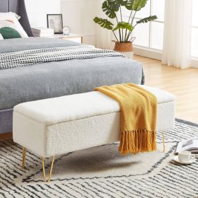 White Sherpa Upholstered Storage Bench with Gold Finish Legs