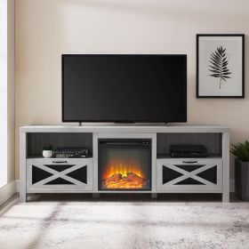 Industrial Farmhouse Drop-Down X-Door 70" Fireplace TV Stand - Stone Grey