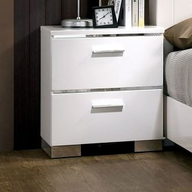 White Contemporary Nightstand - Chrome Handles and Feet