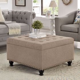 Large upholstered square storage ottoman with wooden legs