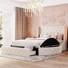 Platform Bed with Wingback Headboard and 1 Big Drawer
