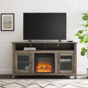 Transitional Electric Fireplace Wood and Glass TV Stand- Grey Wash
