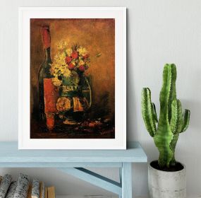 Vase with Carnations, Roses and a Bottle by Van Gogh Framed Print (Color: White, size: 24" x 16" / 60cm x 40cm (approx))