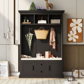 3-in-1 Entryway Hall Tree with 3 Hooks and Storage Bench (Color: Black)