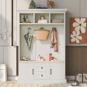 3-in-1 Entryway Hall Tree with 3 Hooks and Storage Bench (Color: Beige)