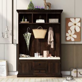 3-in-1 Entryway Hall Tree with 3 Hooks and Storage Bench (Color: Tiger)