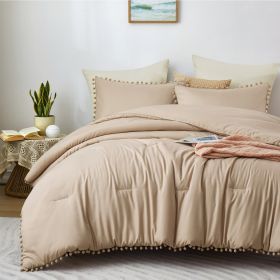 Boho Bedding set with Pom Poms Fringe Design, 1 Comforter and 2 Pillow shams (Color: Beige, size: King)