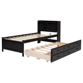Twin Size Bed with Bookcase Headboard, Trundle and 3 Storage Drawers (Color: as Pic)