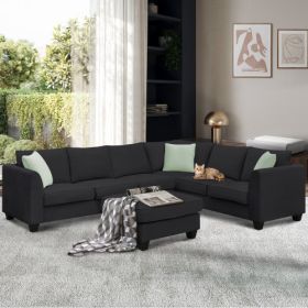7 Seat Sectional Sofa with Ottoman and 3 Pillows (Color: Black)